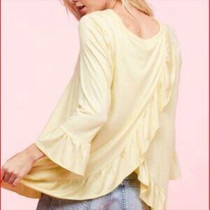 Pale Yellow Fly-Away Back Ruffle 3/4 Sleeve Top M